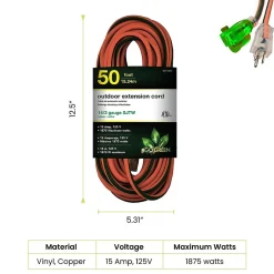 Extension Cords<GoGreen Power 50' Indoor/Outdoor Extension Cord, 14 AWG, Orange (GG-13850)