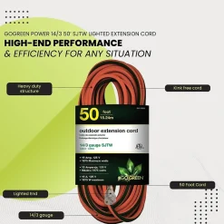Extension Cords<GoGreen Power 50' Indoor/Outdoor Extension Cord, 14 AWG, Orange (GG-13850)