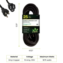 Extension Cords<GoGreen Power 25' Indoor/Outdoor Extension Cord, 14 AWG, Black (GG-13825BK)