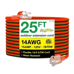 Extension Cords<GoGreen Power 25' Indoor/Outdoor Extension Cord, 14 AWG, Orange (GG-13825)
