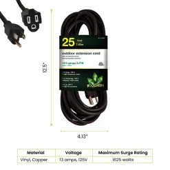 Extension Cords<GoGreen Power 25' Indoor/Outdoor Extension Cord, 16 AWG, Black (GG-13725BK)