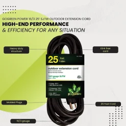 Extension Cords<GoGreen Power 25' Indoor/Outdoor Extension Cord, 16 AWG, Black (GG-13725BK)