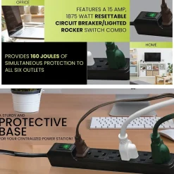 Surge Protectors & Power Strips<GoGreen Power 6 Outlet Mini Surge Protector, 2' cord, Black (GG-16103MINBK)