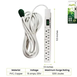 Surge Protectors & Power Strips<GoGreen Power 15' Surge Protector, 6 Outlets, White (GG-16315-15)