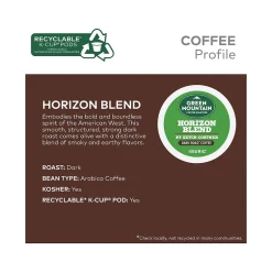 Keurig K-Cups<Green Mountain Coffee Roasters Horizon Blend by Kevin Costner Coffee, Keurig K-Cup Pod, Dark Roast, 24/Carton (5000379575)