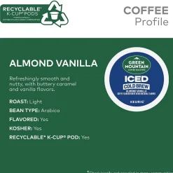 Keurig K-Cups<Green Mountain Coffee Roasters Iced Cold Brew Almond Vanilla Iced Coffee Keurig® K-Cup® Pods, Light Roast, 80/Carton