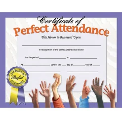 Publishing Certificate of Perfect Attendance, 30 Per Pack, 3 Packs (H-VA613-3) Awards & Certificates