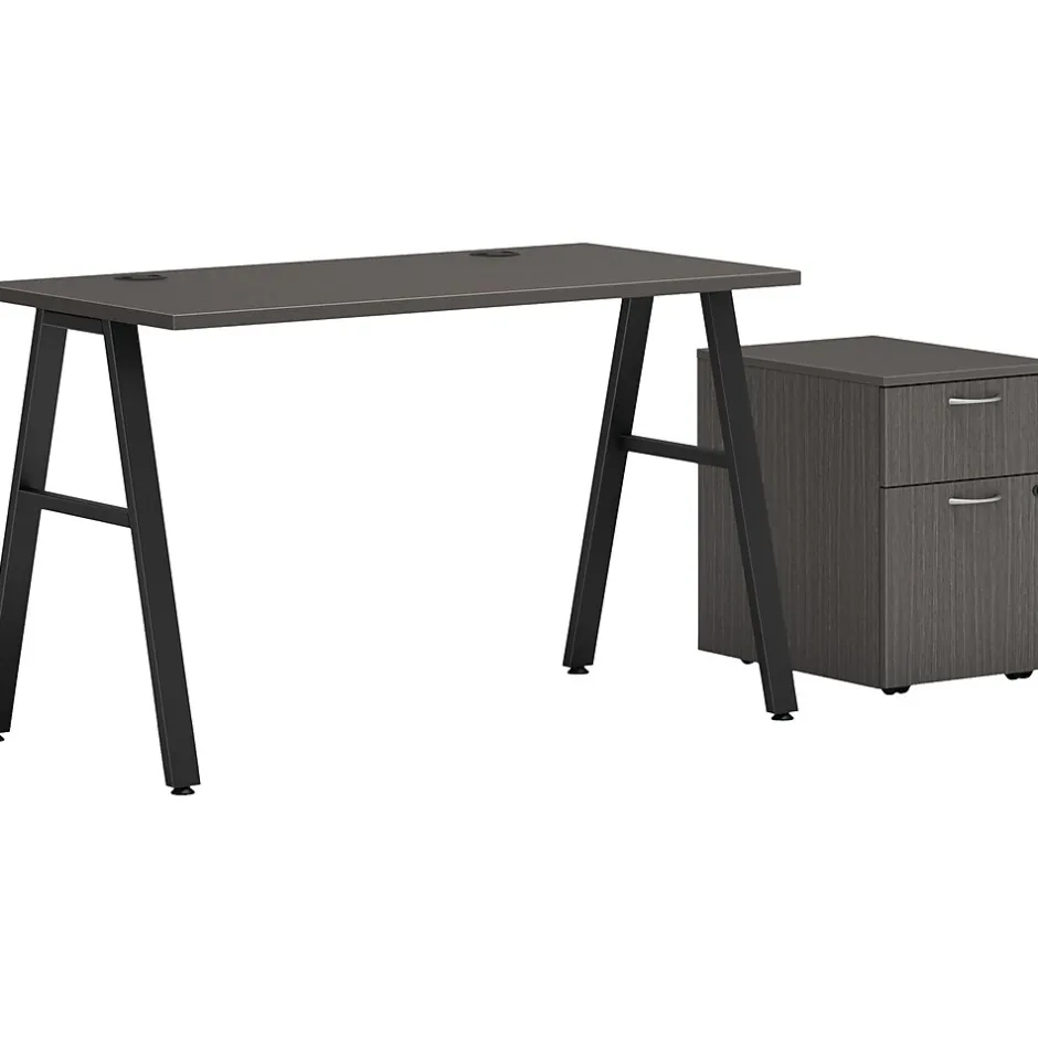 Online Mod 48"W Table Desk with Mobile Storage, Slate Teak (HLPL4824BFLS1ALEGBLK) Office Desks
