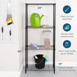 4-Tier Slim Profile Shelving Unit, 56" x 24" x 10", Black (SHF-10002) Shelving