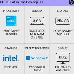 HP 24-cr0026 23.8" All-in-One Desktop Computer, Intel Core i3-N300, 8GB Memory, 256GB SSD (9W2H5AA#ABA)* Gaming Desktops