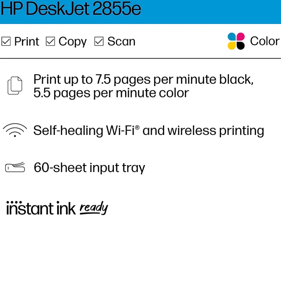 Color Printers<HP DeskJet 2855e Wireless All-in-One Color Inkjet Printer, Scanner, Copier, Best for Home, 3 Months of Ink Included (588S5A)