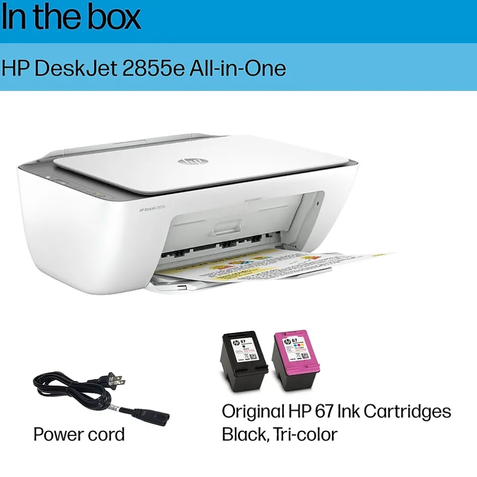 Color Printers<HP DeskJet 2855e Wireless All-in-One Color Inkjet Printer, Scanner, Copier, Best for Home, 3 Months of Ink Included (588S5A)