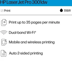 Black & White Printers<HP LaserJet Pro LJP 3001dw Wireless Black & White Laser Printer, Single-Function, Print, Best for Office (3G65OF)