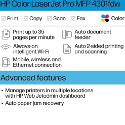 Color Printers<HP LaserJet Pro LJP 4301fdw Wireless Color Laser Printer, All-In-One, Print, Scan, Copy, Fax (4RA82F)