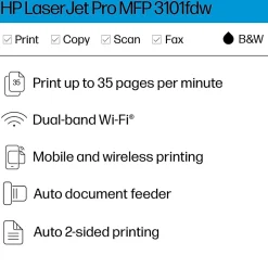 Black & White Printers<HP LaserJet Pro MFP LJP 3101fdw Wireless Black & White Laser Printer, All-In-One, Print, Scan, Copy, Fax (3G628F)