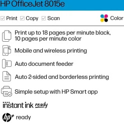 Instant Photo Printers<HP OfficeJet 8015e Wireless Color Inkjet Printer, All-In-One, Print, Scan, Copy (228F5A#B1H)