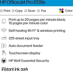 Color Printers<HP OfficeJet Pro 8139e Wireless Color Inkjet Printer, All-In-One, Print, Scan, Copy, Fax (40Q51A#B1H)