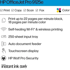 Color Printers<HP OfficeJet Pro 9125e Wireless Color Inkjet Printer, All-In-One, Print, Scan, Copy, Fax (403X0A#B1H)
