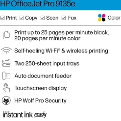 Color Printers<HP OfficeJet Pro 9135e Wireless Color Inkjet Printer, All-In-One, Print, Scan, Copy, Fax, 3 Months FREE INK with + (404M0A)