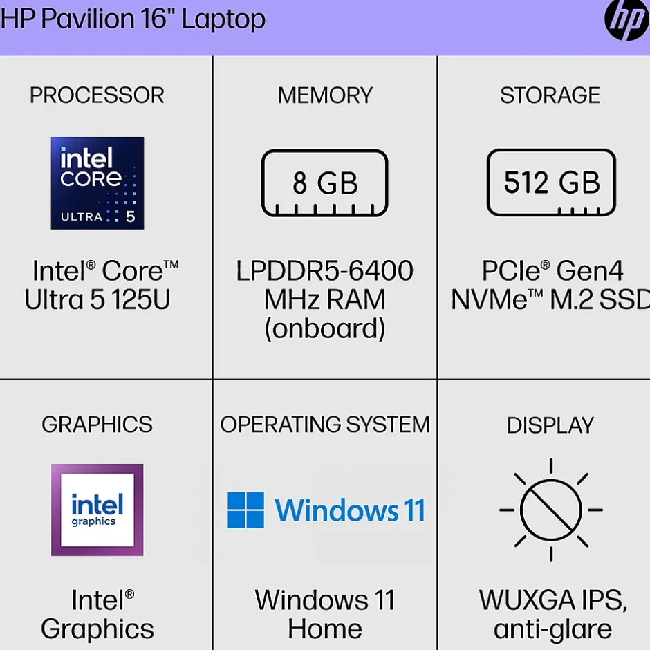 HP Pavilion 16" FHD AI Laptop, Intel Core Ultra 5-125U, 8GB RAM, 512GB SSD, Backlit Keyboard, Windows 11 Home* Gaming Laptops