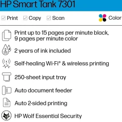 Color Printers<HP Smart Tank 7301 Wireless All-in-One Color Ink Tank Printer Scanner Copier, 2 years ink included (28B70A)