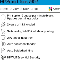 Color Printers<HP Smart Tank 7602 Wireless All-in-One Color Ink Tank Printer Scanner Copier Fax, 2 years of ink (28B98A)