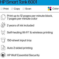 Color Printers<HP Smart Tank 6001 Wireless All-in-One Color Ink Tank Printer Scanner Copier, 2 years ink included (2H0B9A)