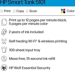 Color Printers<HP Smart Tank 5101 Wireless All-in-One Color Ink Tank Printer Scanner Copier, 2 years ink included (1F3Y0A)