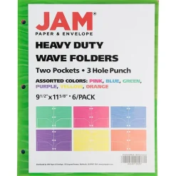 JAM Paper Heavy Duty 3-Hole Punched 2-Pocket Plastic Folders, Multicolored, Assorted Wave Colors, 6/Pack (383HPWAVEAST) Discount