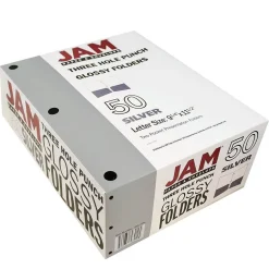 JAM Paper Laminated Glossy 3 Hole Punch Two-Pocket Folders, Silver, 50/Box (385GHPSIC)
