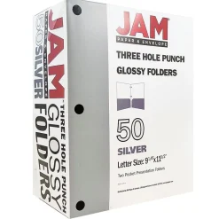 JAM Paper Laminated Glossy 3 Hole Punch Two-Pocket Folders, Silver, 50/Box (385GHPSIC)