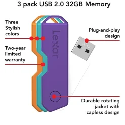 Lexar Twist Turn2 32GB USB 2.0 Type-A Flash Drive, Teal/Purple/Orange, 3/Pack (LJDTT2-32GABNA3)* Usb Flash Drives