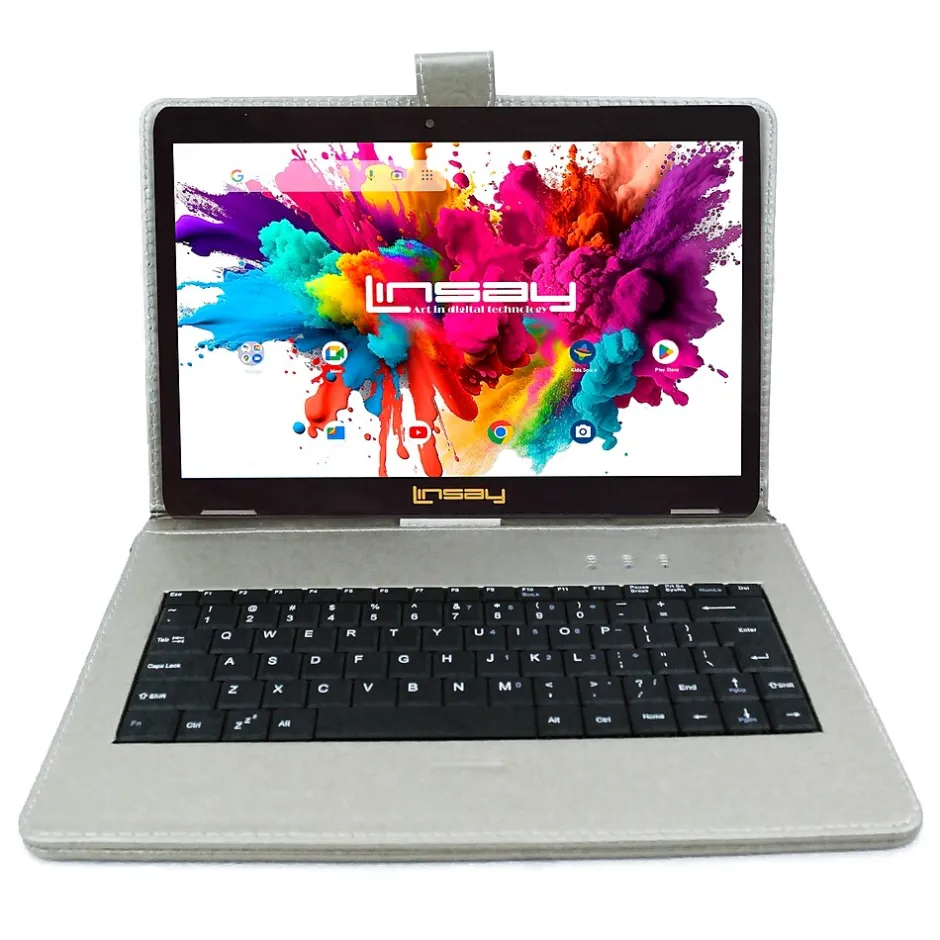 Linsay ® 10.1" OCTA CORE 128GB Storage Android 13 Tablet Dual Camera Android with Silver Keyboard and Pen Stylus