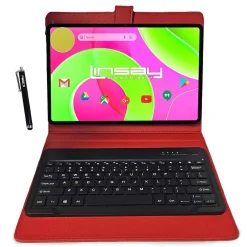 Linsay 12" Octa Core Tablet, 8GB RAM, 256GB Storage, Android 14, Bundled with Red Keyboard and Stylus Pen