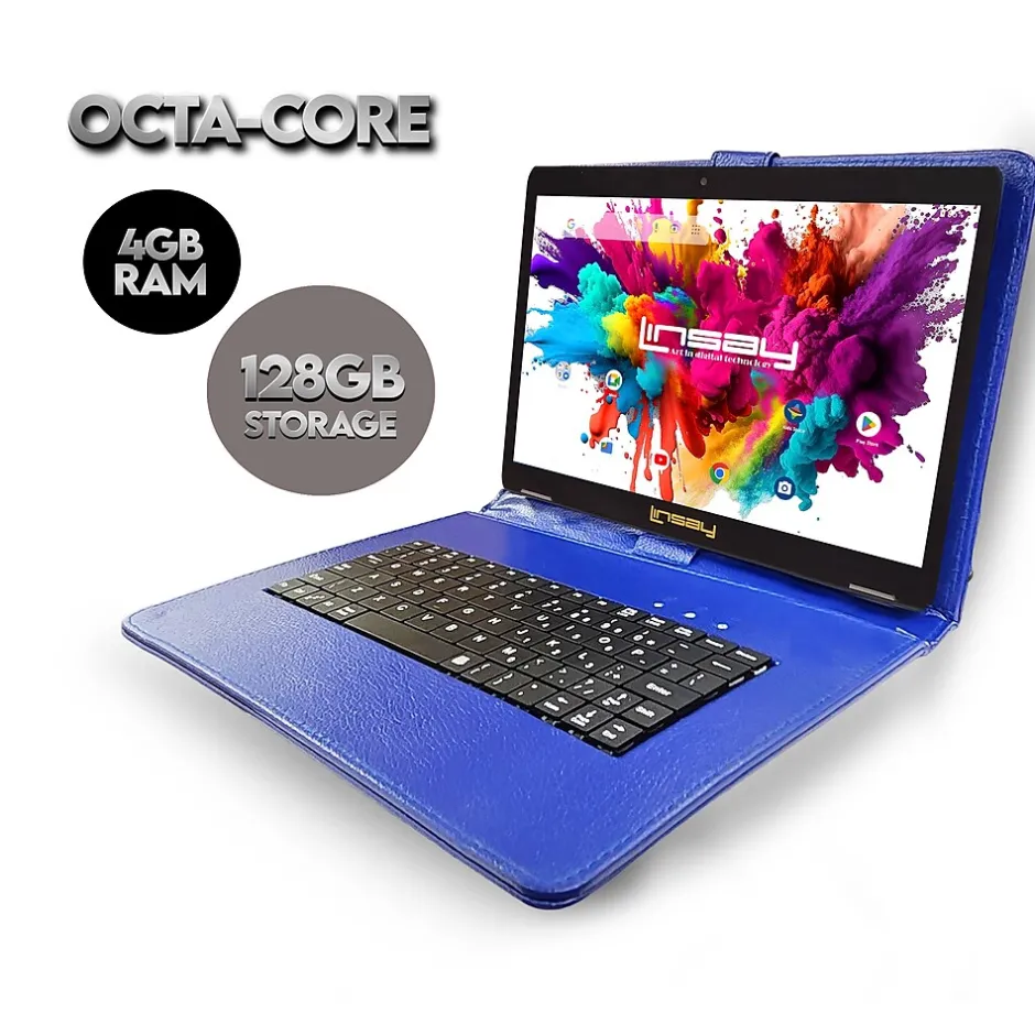 Linsay 10.1"OCTA CORE 128GB Storage Android 13 Tablet with Blue Style Keyboard and Pen Stylus