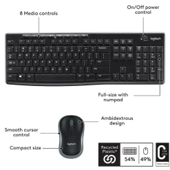 Logitech Combo MK270 Wireless Keyboard & Mouse, Black (920-004536)* Ergonomic Keyboard & Mouse Sets