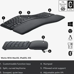 Logitech ERGO K860 Wireless Keyboard, Graphite (920-009166)* Ergonomic Keyboards