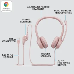 Logitech H390 Wired Headset For PC/Laptop, Rose Noise Canceling Stereo Computer Headset, USB-A (981-001280)* Headsets