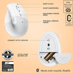 Logitech Lift Vertical Ergonomic Wireless Optical Mouse for Mac, (910-006471)* Mice