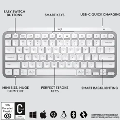 Logitech MX Keys Mini Wireless Ergonomic Keyboard, Pale Gray (920-010473)* Keyboards