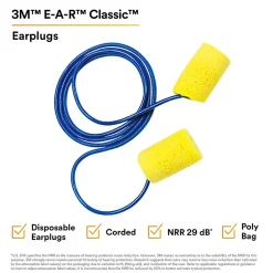 Ear Protection<3M E-A-R Classic Earplugs, Corded, Poly Bag, 200 Pairs/Case (311-1101)