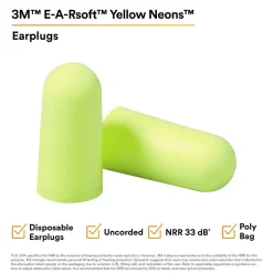 Ear Protection<3M E-A-Rsoft Yellow Neons Earplugs 312-1250, Uncorded, Poly Bag, 200 Pairs/Case (312-1250)
