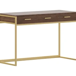 Discount Ollie 47"W Home Office Desk with 3 Drawers, Walnut/Polished Brass (ZGZP028BRGLD) Office Desks