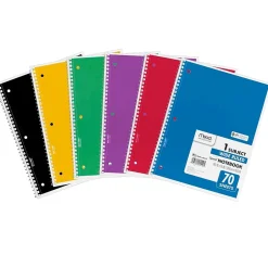 Mead 1-Subject Notebooks, 8" x 10.5", Wide Ruled, 70 Sheets, Assorted Colors, 6/Bundle (MEA05510-6)