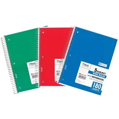 Mead 5-Subject Subject Notebooks, 8" x 10.5", Wide Ruled, 180 Sheets, Assorted Colors, 3/Bundle (MEA05680-3) Clearance