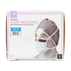 Masks<Medline ASTM L1 Surgical Mask with Anti-Fog Eye Shield with Ties, Blue, 25/Box, 4 Boxes/Carton (NON27405)
