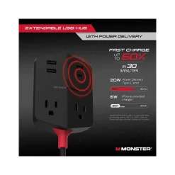 Surge Protectors & Power Strips<Monster 2-Outlet 4-USB Port Power Strip, 6', Black (2MNAC0327B0L2)