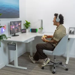 Online 63"W Electric L-Shaped Corner Adjustable Standing Desk, White/White (MI-15011) Standing Desks