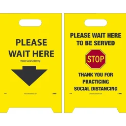 Social Distance Signage<National Marker Double-Sided A-Frame Sign, "Please Wait Here/Please Wait Here to be Served," 19" x 12", Yellow/Black/Red (FS46)