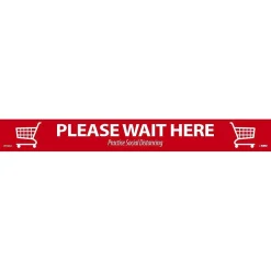 Social Distance Signage<National Marker Temp-Step™ Floor Decal, "Please Wait Here," 2.25" x 20", Red/White, 10 (WFS80A10)